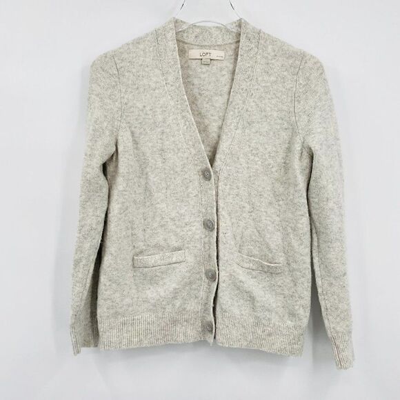 LOFT Size XSP Cream & Gray Wool Blend Long Sleeve Boyfriend Pocket Cardigan - Picture 1 of 6